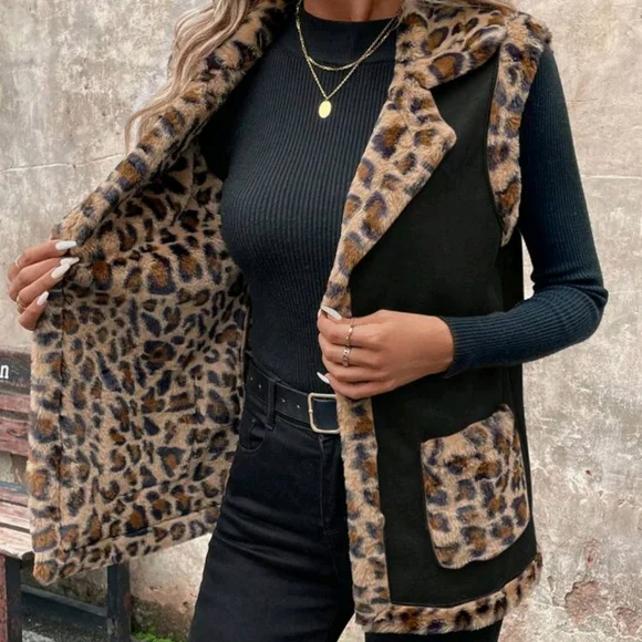 Women's Sleeveless Jacket With Fluffy Leopard Print Collar, Warm For Autumn/Wint - Picture 3 of 4